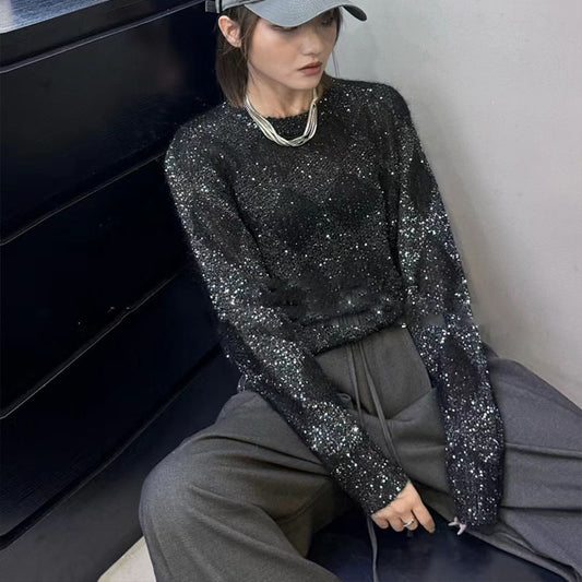 Bead Yarn Rhombus Jacquard Crew Neck Pullover Sweater