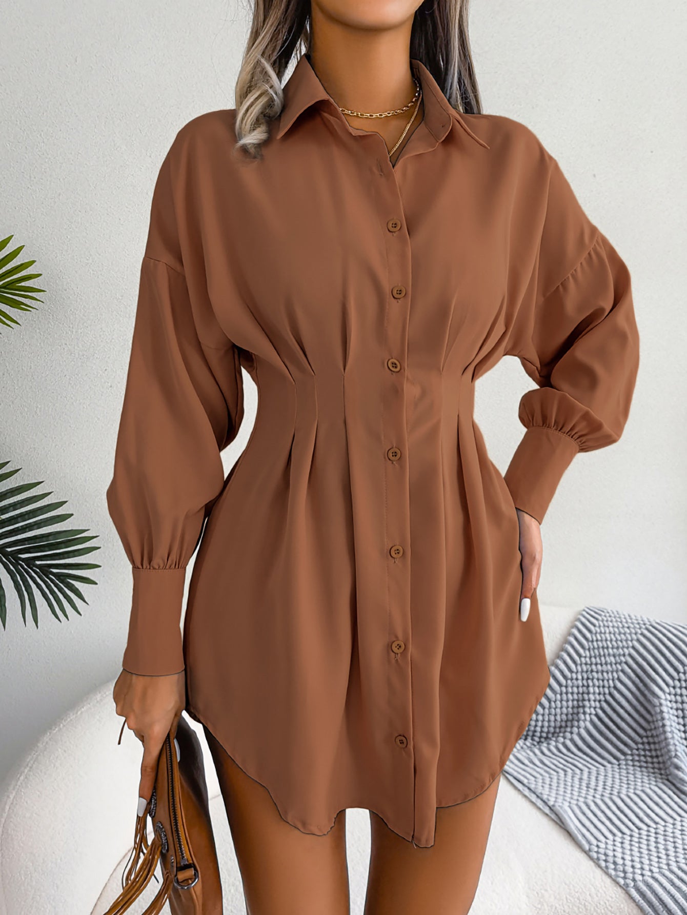 Women  Casual Lantern Sleeve Tie Waist Asymmetric Shirt Dress
