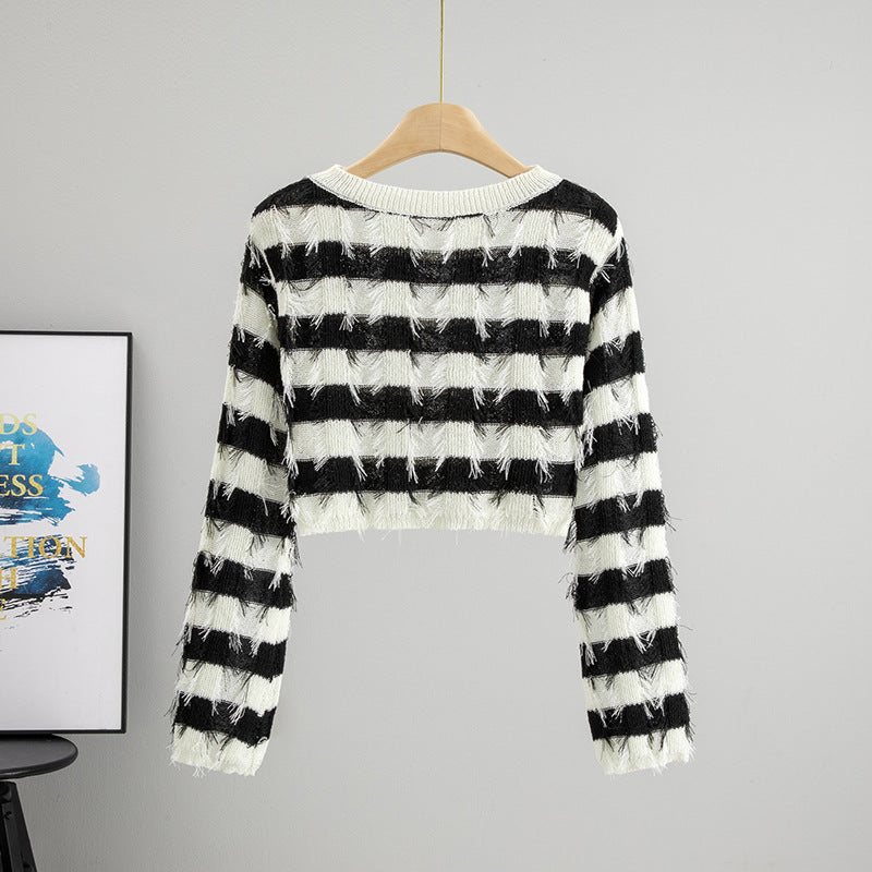Langærmet Sweater Design Fransk Stil Off-the-neck Strikket Top