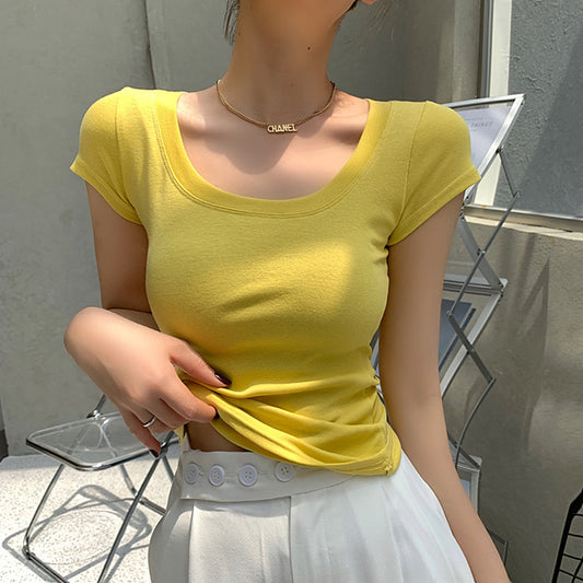 Cotton T-shirt Women's Short Sleeve Low Collar Collarbone