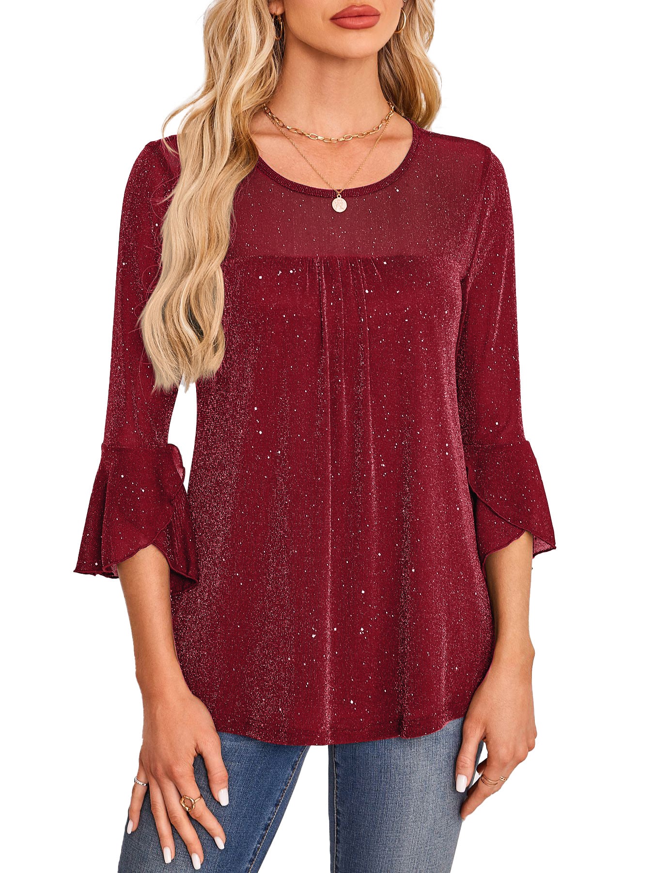 Summer Ruched Flare Sleeve Crew Neck Mesh Top Shirt