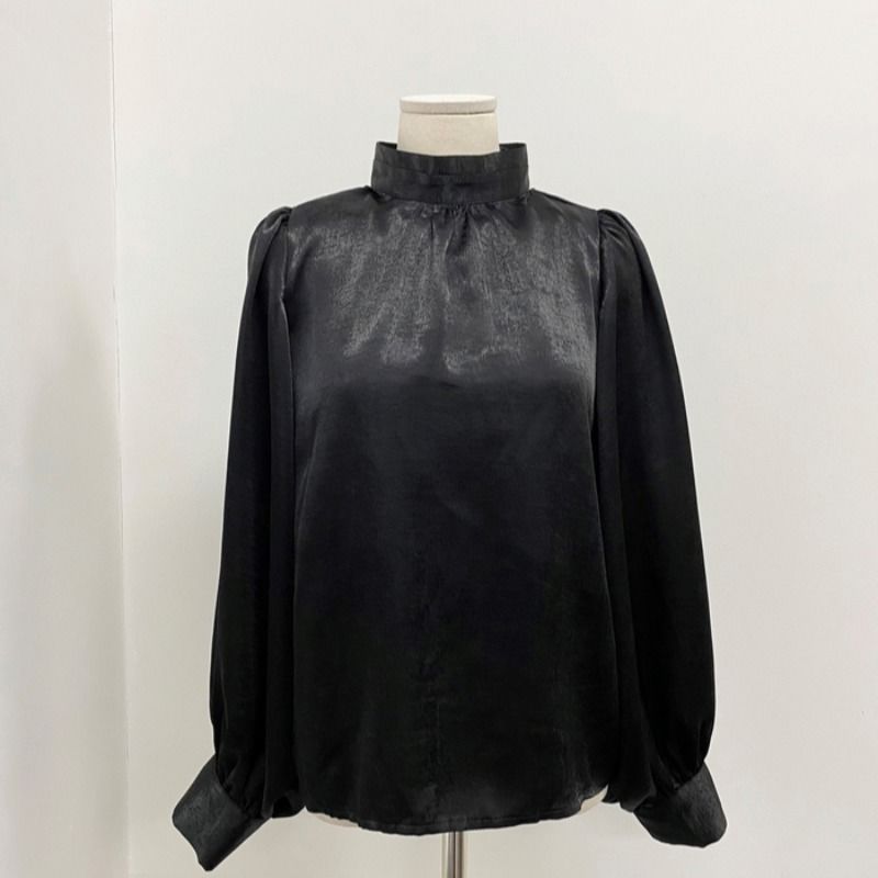 Early Autumn French Fashion Stand Collar Personalized All-match Lantern Sleeve High-grade Satin Shirt