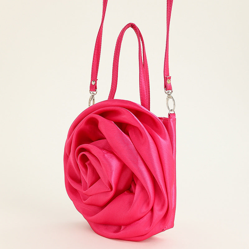 Satin Satin Three-dimensional Rose Flower Shape Portable Crossbody Party Wedding Female Dinner Bag