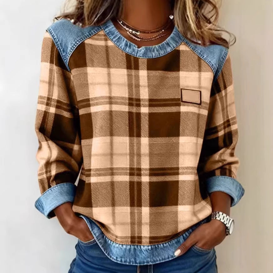 New Plaid Patchwork Loose-fitting Womens Crew-neck Blouse