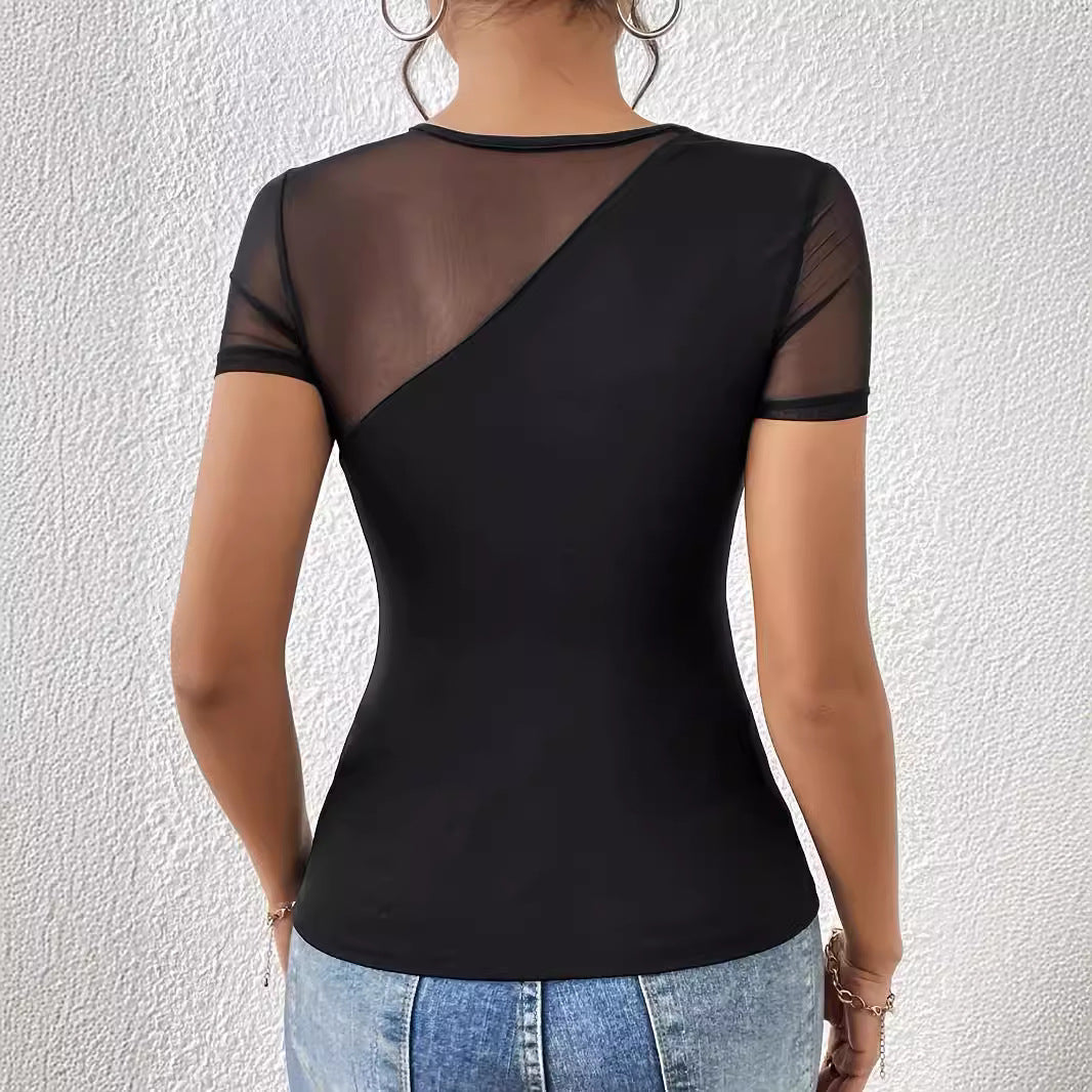 SpringSummer Sexy Solid-Color Short-Sleeve Mesh-Panel T-Shirt For A Slimming Look
