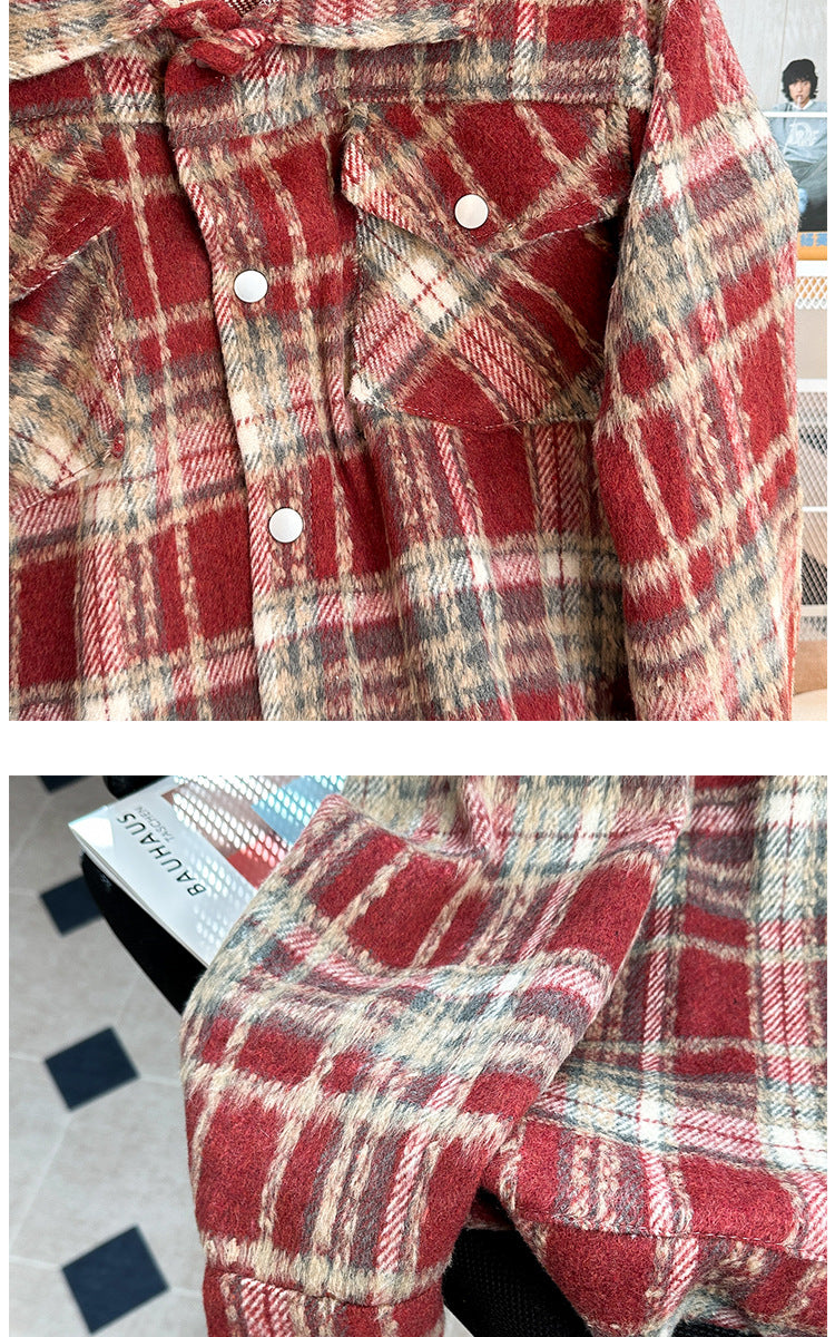 Plaid Tooling Woolen Button Shirt Jacket Men