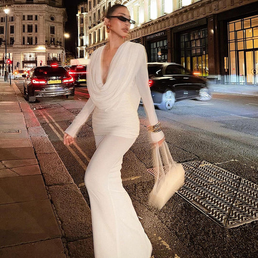 Pure White French Vintage Long Dress Deep V-Neck One-Piece Dress