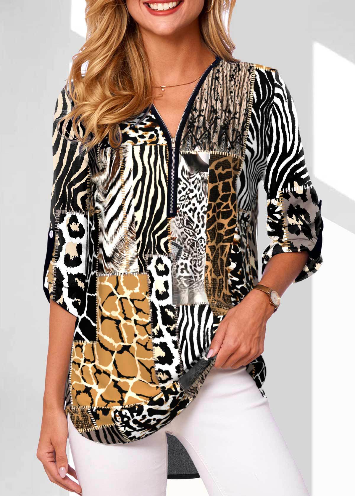 V-neck Zipper Long Sleeve Rollable Sleeves Loose Shirt