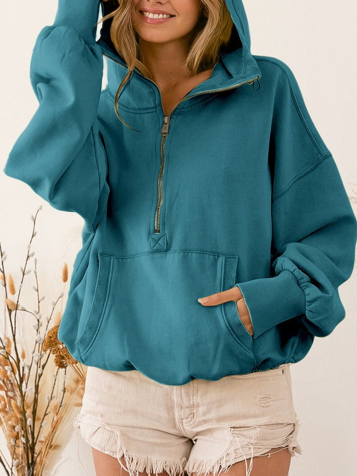 Hættetrøje med lynlås Sportshættetrøje Ensfarvet Pullover Top