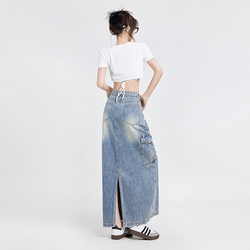 Women's A- Line Denim Skirt Fashion Wash Long Skirt