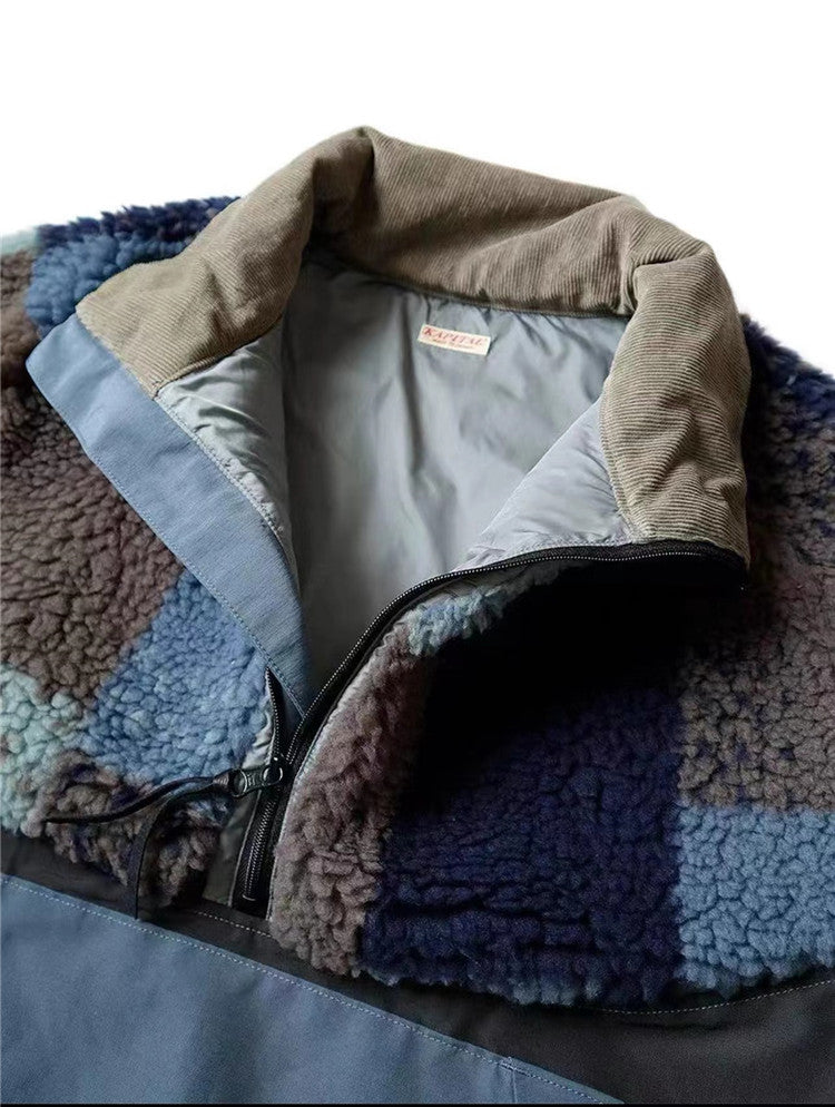 Polar Fleece Checkerboard Stitching Tooling Color-blocking Warm High-neck Jacket