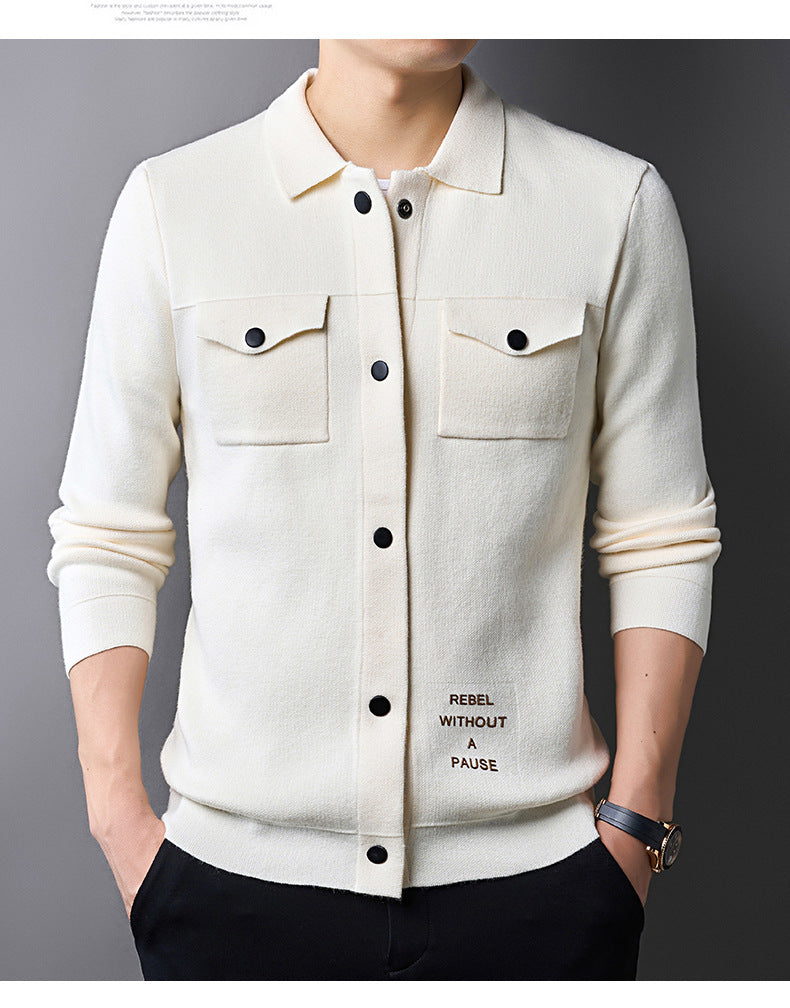 Ungdom Casual Efterår Herre Strikket Cardigan Ægte Lomme Sweater Britisk Overtøj