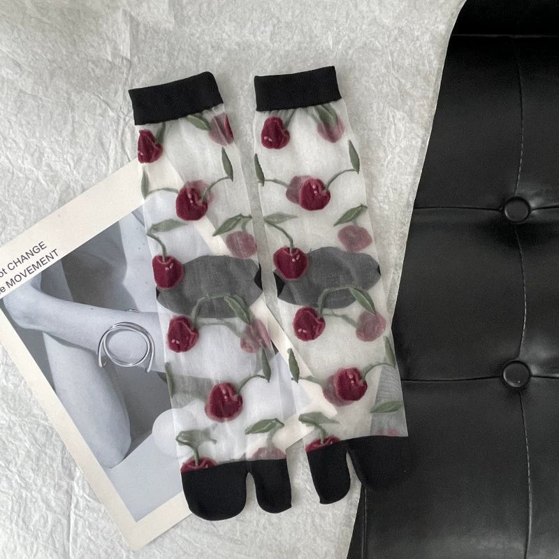 Cherry Jacquard Summer Cute Wild Thin Socks Stockings