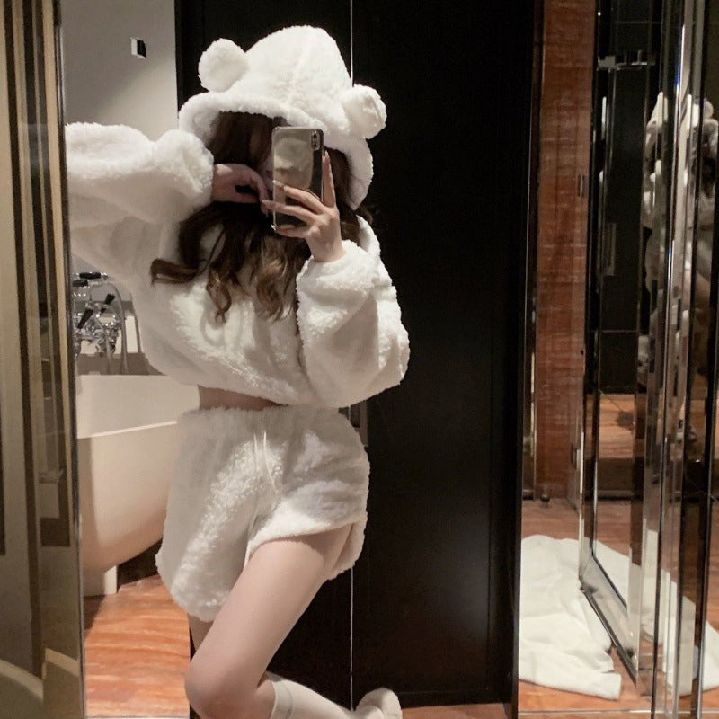 Retro Thick Short High Waist Bear Hooded Top
