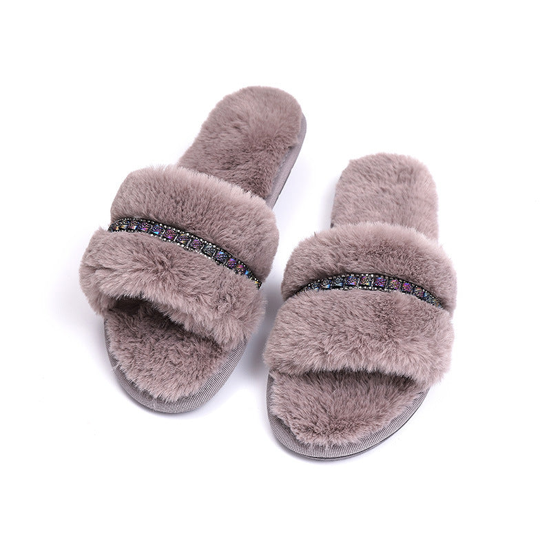 Rhinestone Accessories Plush  Indoor And Outdoor Non-slip Fur Slippers