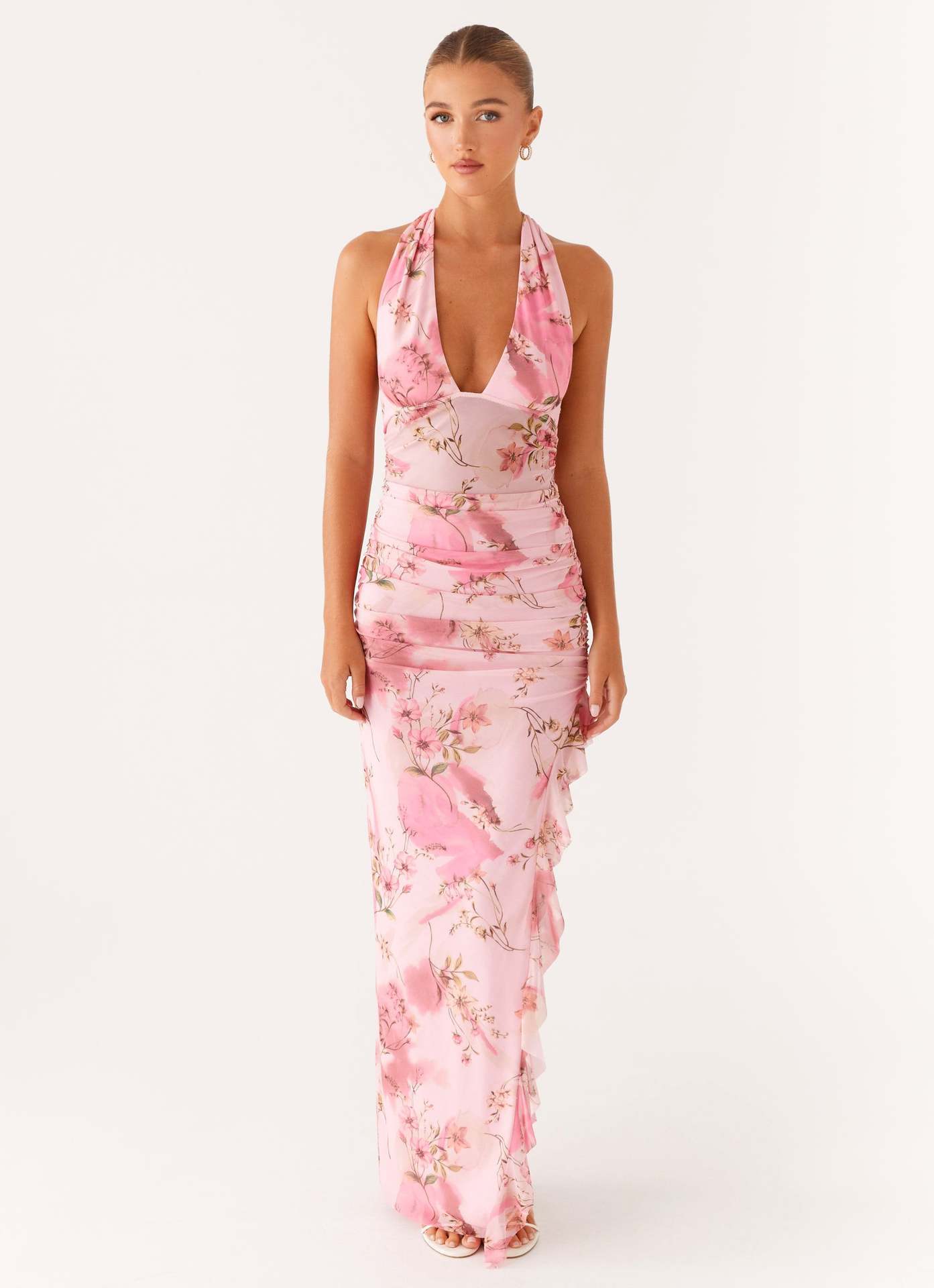 Body-hugging Halter-neck Sexy V-neck Dress With Ruffled Hem And Side Slit