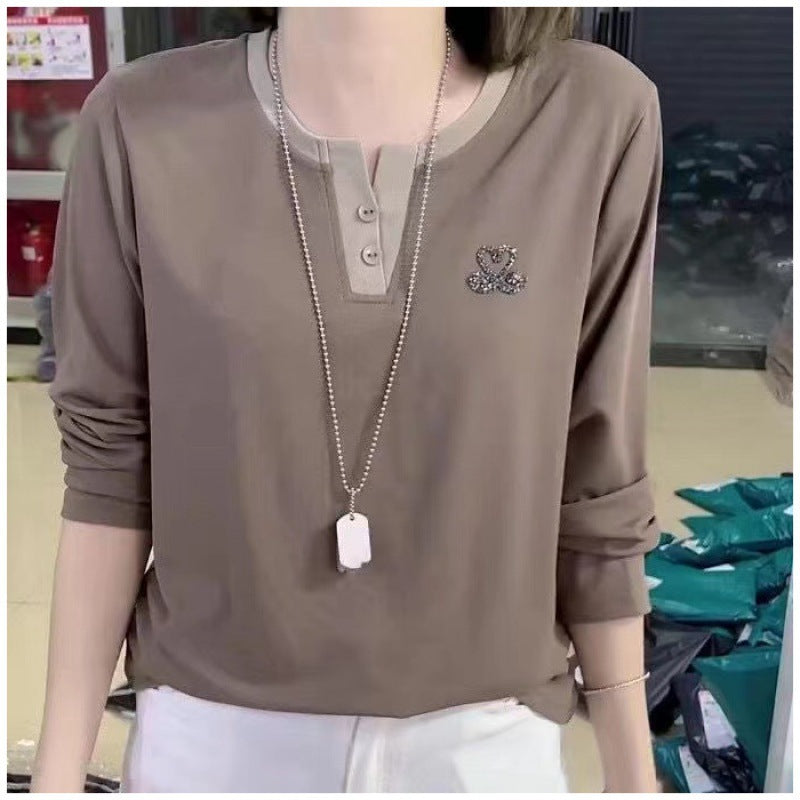Women's Long-sleeved T-shirt V-neck Bottoming Shirt Hot Rhinestone Casual Top