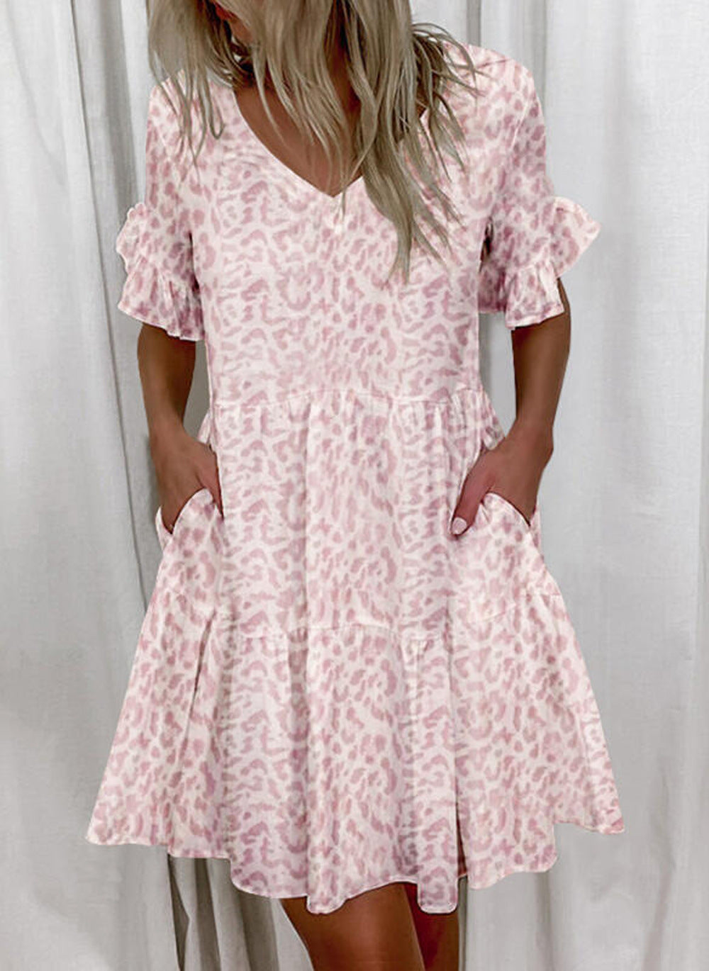 Fashion Printed Ruffle Pocket Short Dress