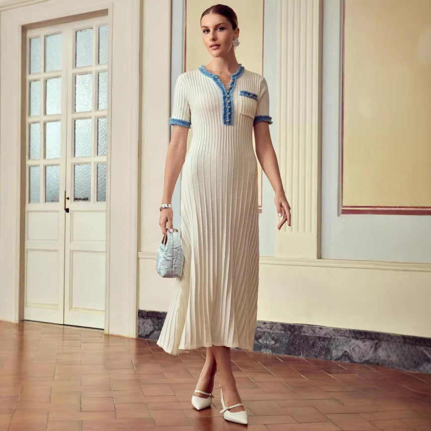 Denim Single-breasted Patchwork Knit Dress