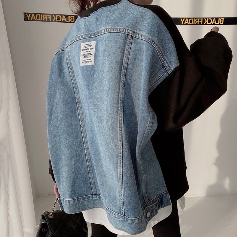 Women's Round Neck Letter Patch Denim Sweatshirt