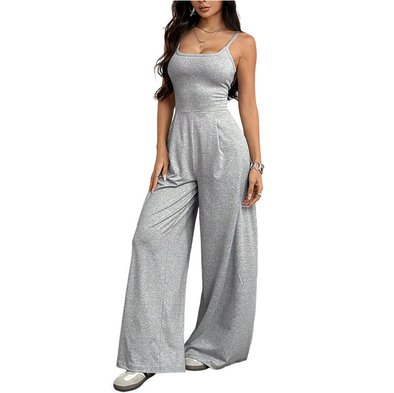 Summer Strap-Style Solid-Color Loose Jumpsuit For Women