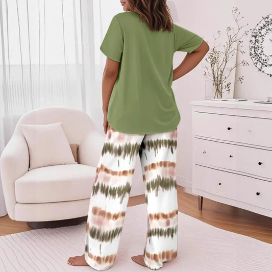 Crew-neck Short-sleeve Casual Striped Print Wide-leg Pants Two-piece Trouser Set