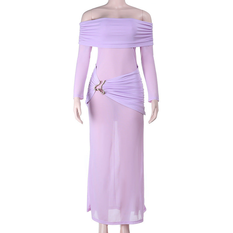 Womens Elegant Solid-Color Mesh Off-the-Shoulder Long-Sleeve Sheer Bodycon Dress