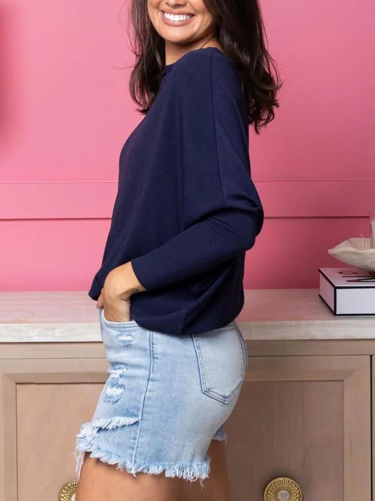 Plus Size Casual Ensfarvet Rundhalset Flagermusærme Høj Elastisk Sweater