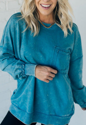Vasket Bomuld Løstsiddende Afslappet Rundhalset Sweater T-shirt Til Kvinder
