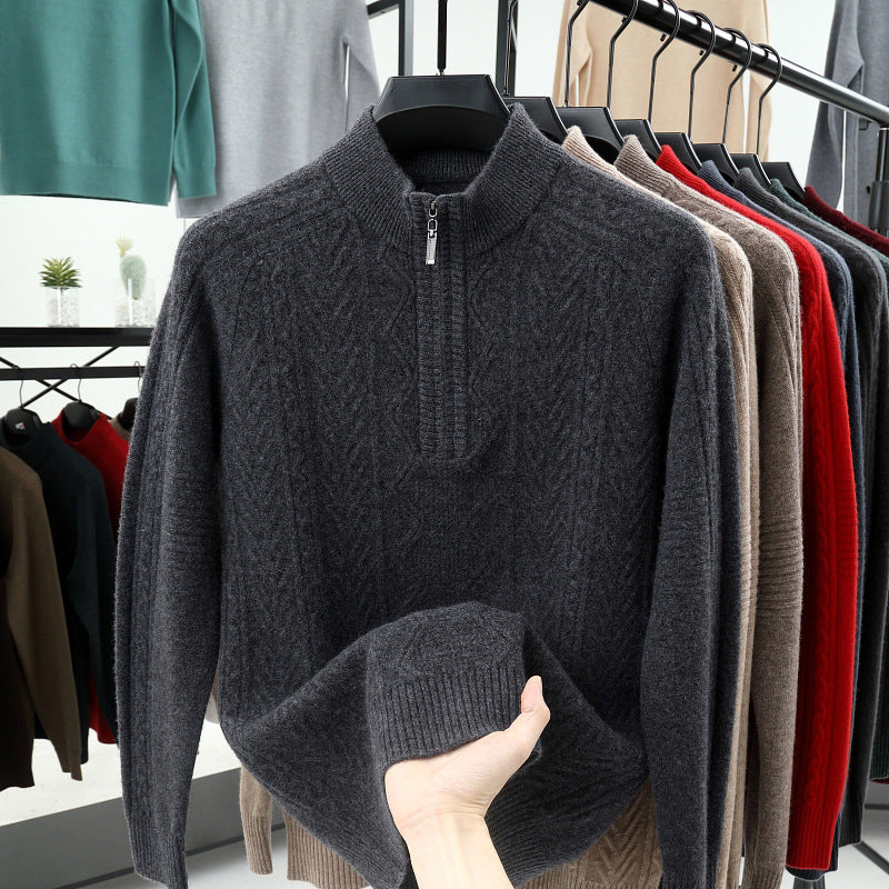 Wool  Men's Sweater Half Turtleneck Zipper Sweater