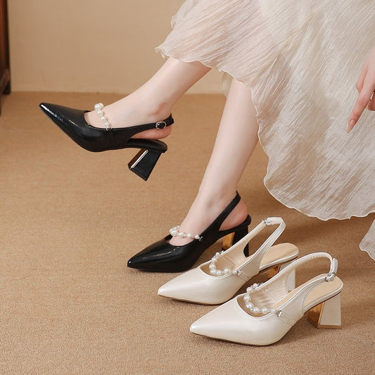 Spring New Arrival Women's Pearl Pointed Toe Slingback Sandals, French Mary Jane Block Heels, One-Strap High Heel Sandals