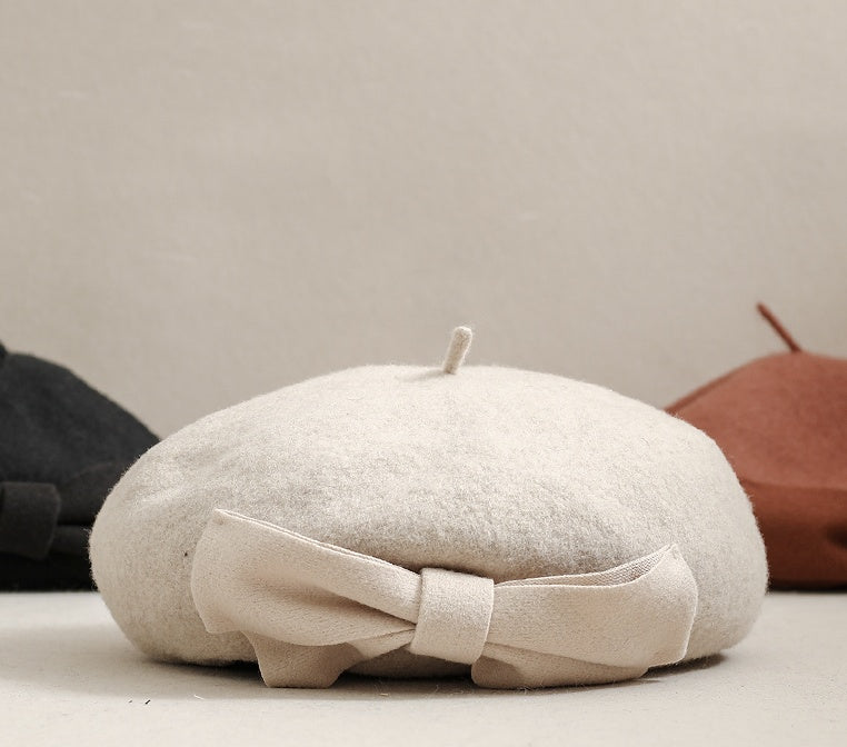 Bow Knot Wool Beret Women's Autumn And Winter Sweet Retro Wool Elegant