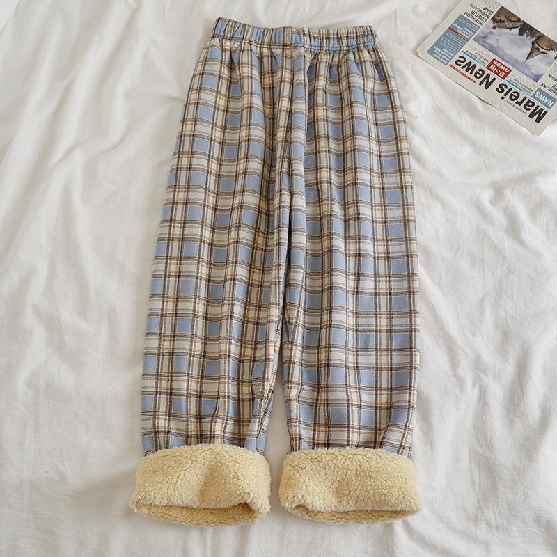 Fleece Cashmere Plaid Wide-leg Casual Pants