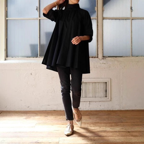 White Loose Bubble Sleeve Stand Collar Short Shirt
