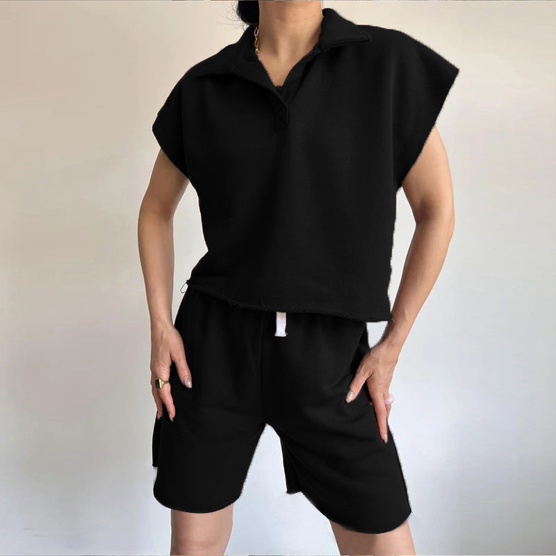 Lapel-collar Full-sleeve Loose Top And Drawstring Shorts Set