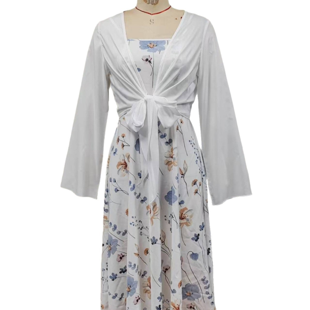 Elegant Floral Spaghetti Strap Dress Slim White Floral Pure Print Set
