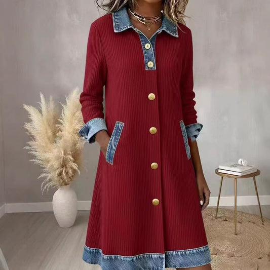 Womens Buttoned Long-Sleeve Corduroy Patchwork Denim Dress
