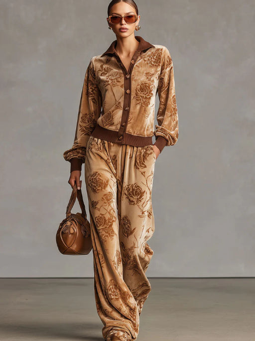 Sporty Retro Rose Velvet Cardigan Sweatshirt WideLeg Pants Set