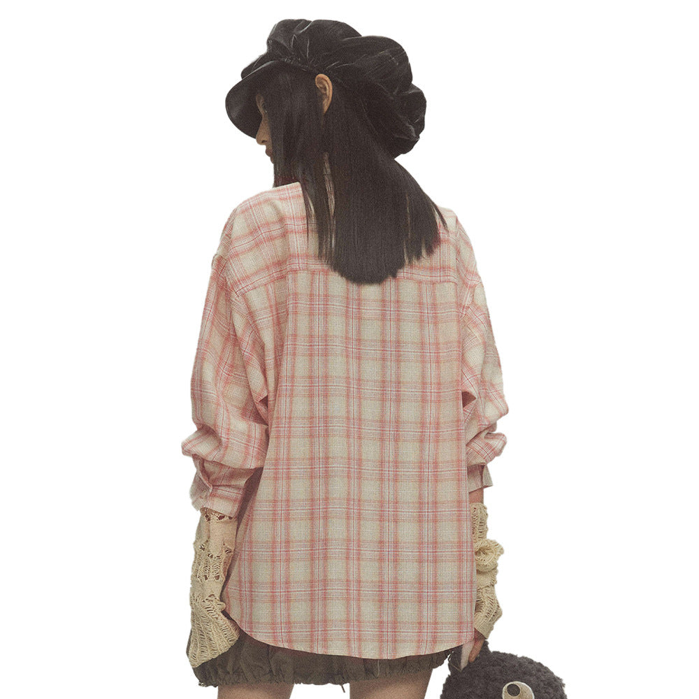 Irregular Pocket Personality Design Loose Plaid Shirt High Street Tide