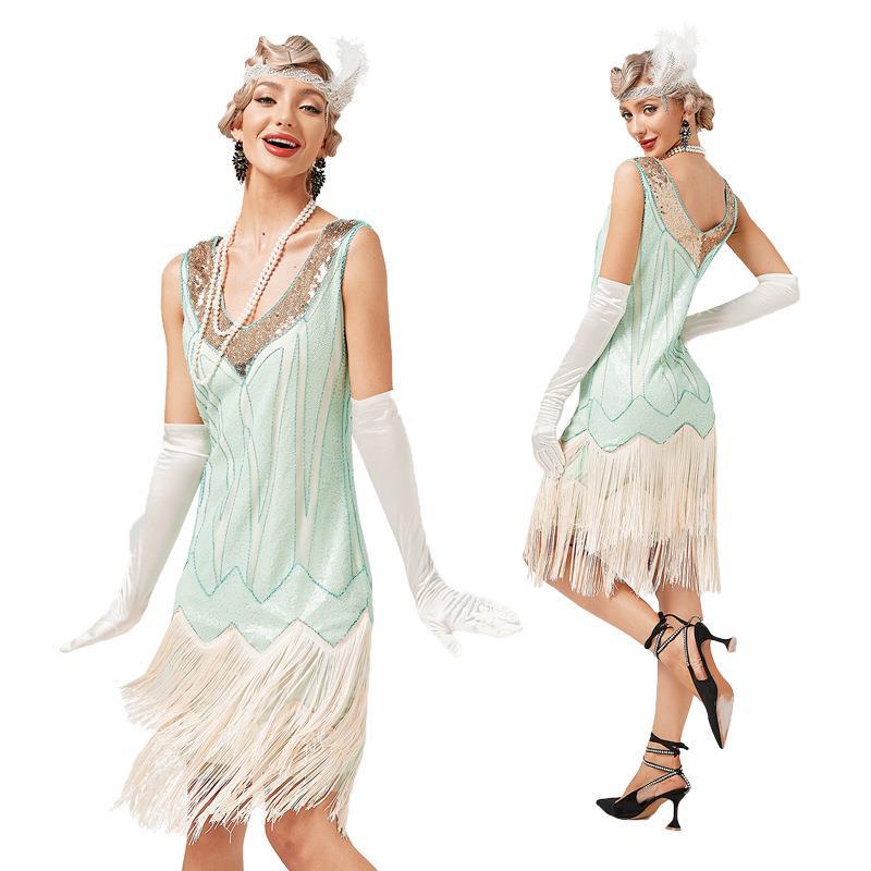 Retro V-udskåret Dobbeltlaget Kvast Gatsby Cocktail Bal Paillet Perle Kjole