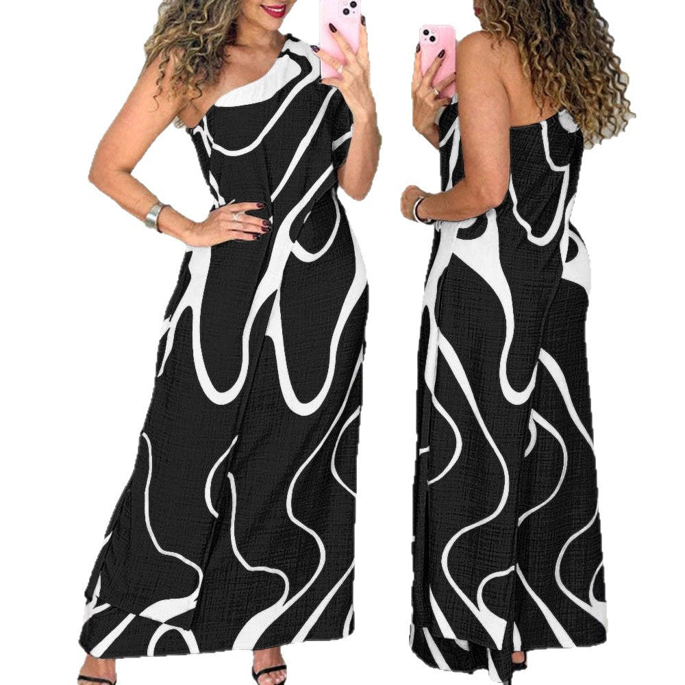 Vacation One-shoulder Sleeveless Printed Dress