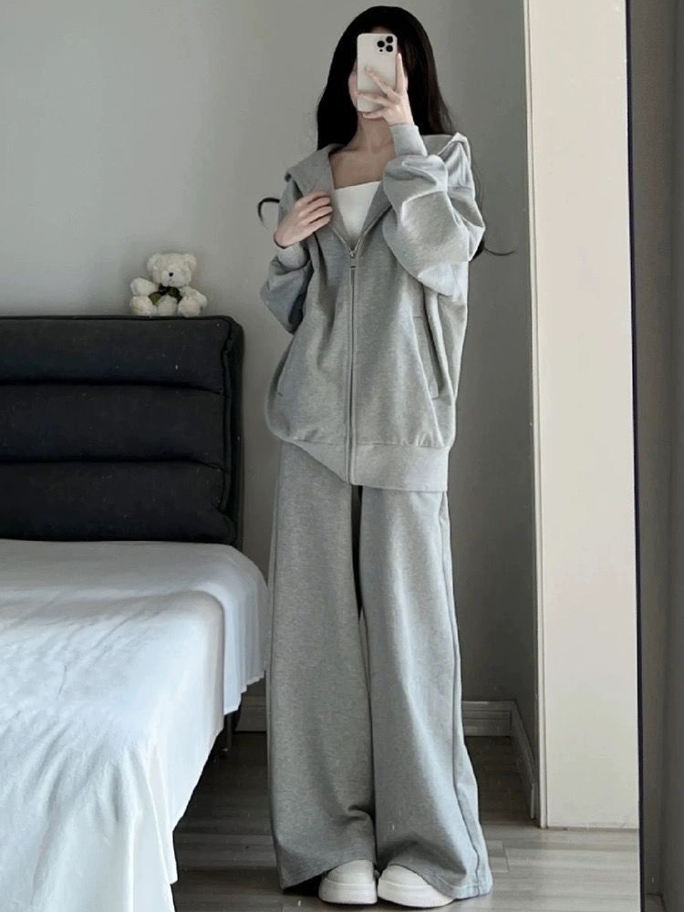 Autumn And Winter Loose Lazy Style Hooded Jacket Student Korean Version Wide-leg Pants Casual Two-piece Set