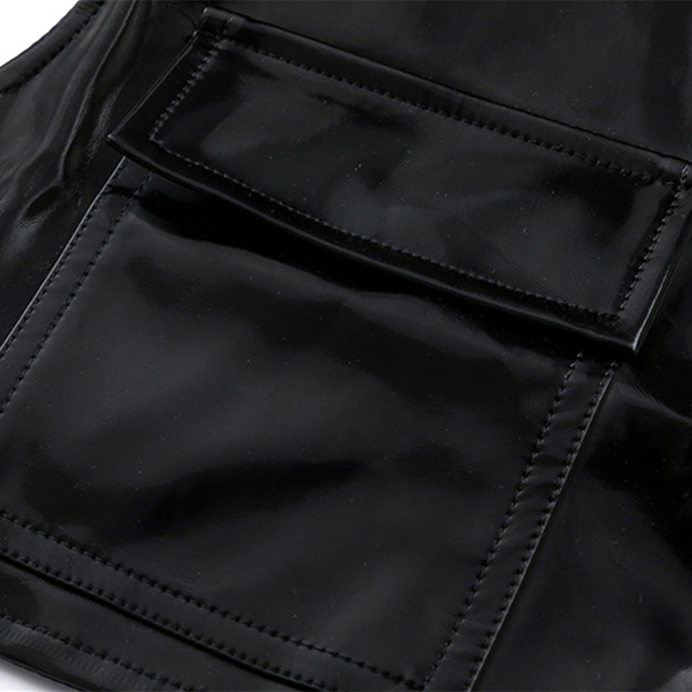 UP Leather Coat Padded Shoulder Glossy Half-length Vest Men's Lapel Metal Buckle Cardigan Vest Jacket Short