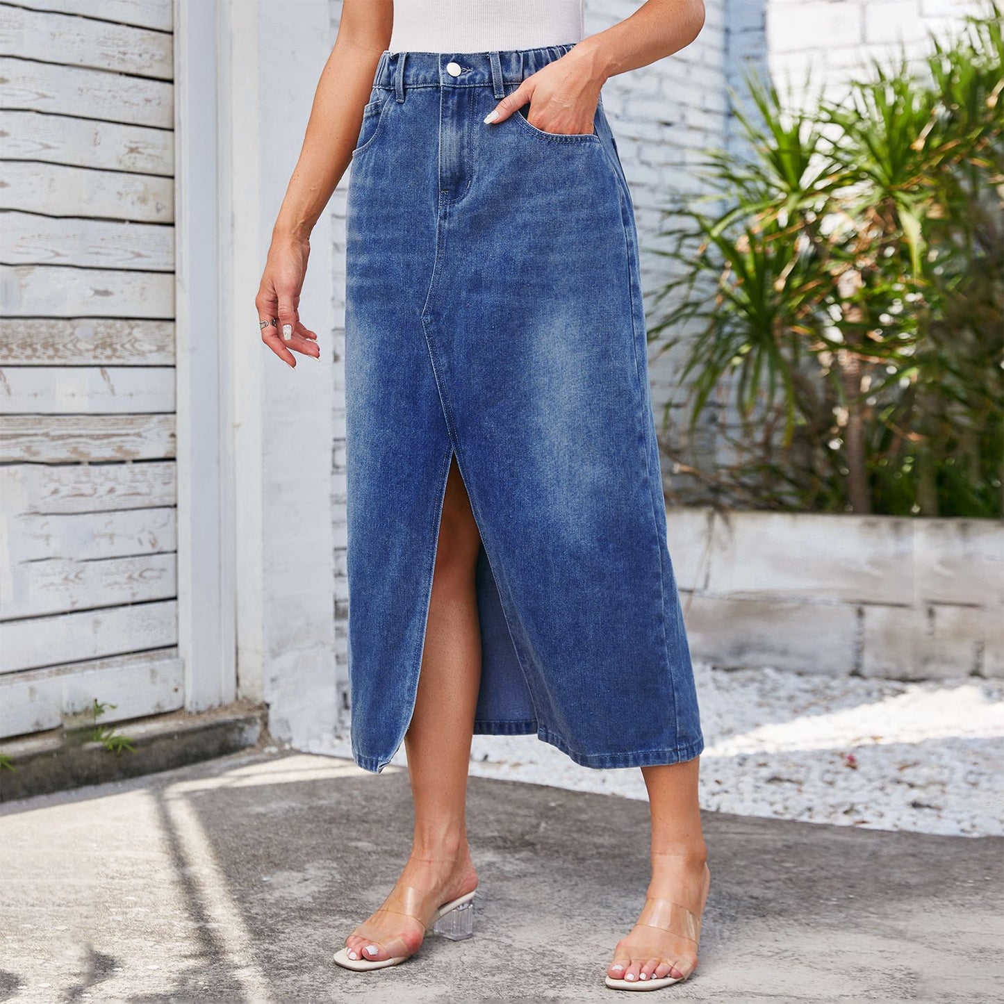 Washed Elastic Waist Split Denim Midi Dress