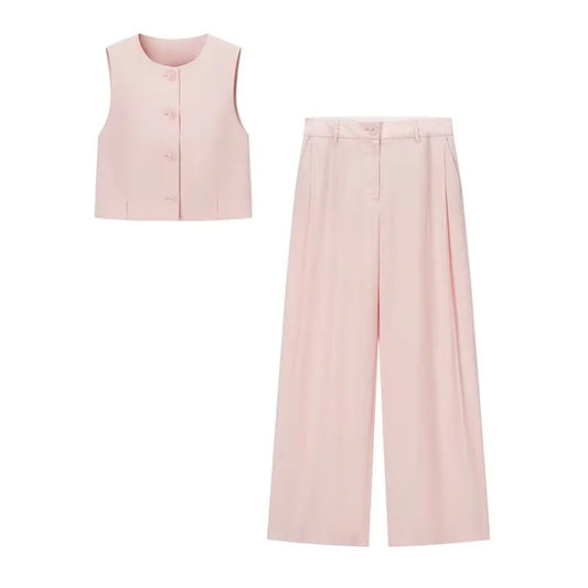 Women's Sleeveless Round-neck Short Vest High-waist Wide-leg Pants Set