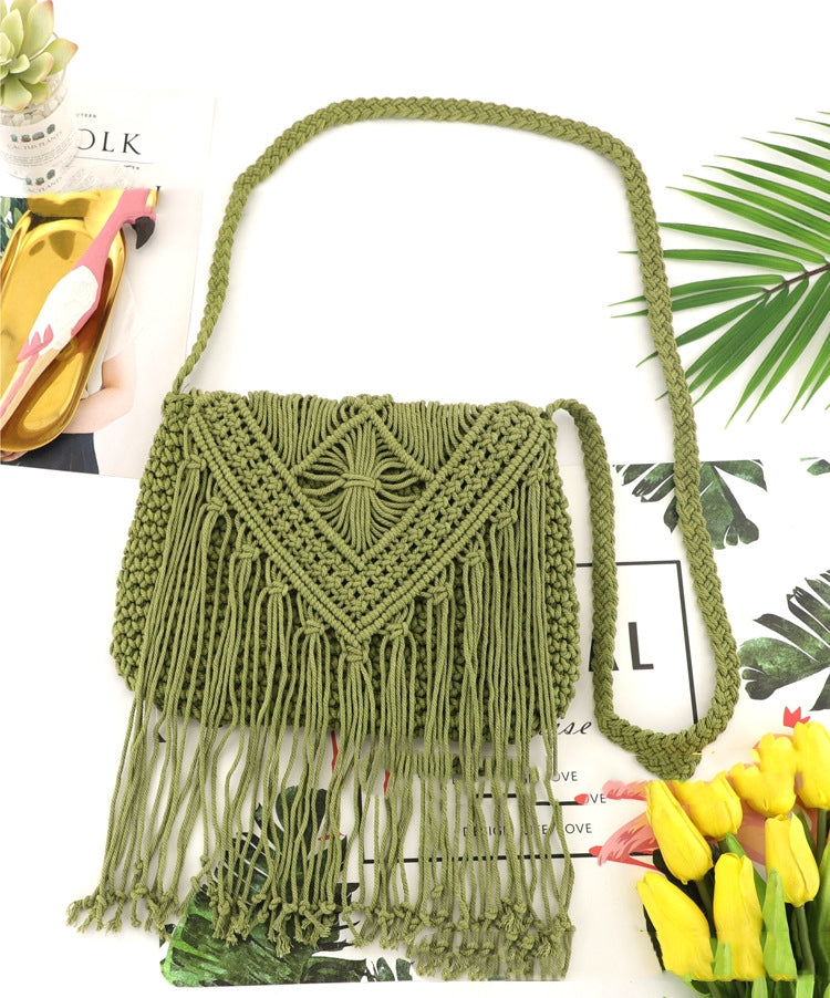 Hand-tied Cotton Tassel Flip Straw One Shoulder Crossbody Woven Bag