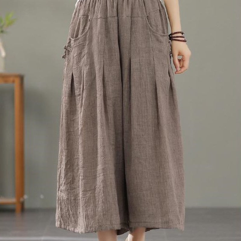 Retro Buckle Casual Thin Cotton And Linen Cropped Wide-leg Pants For Women