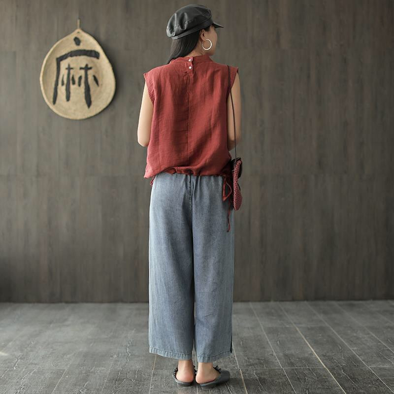 Women's Retro Plus Size Denim Pleated Wide Leg Pants