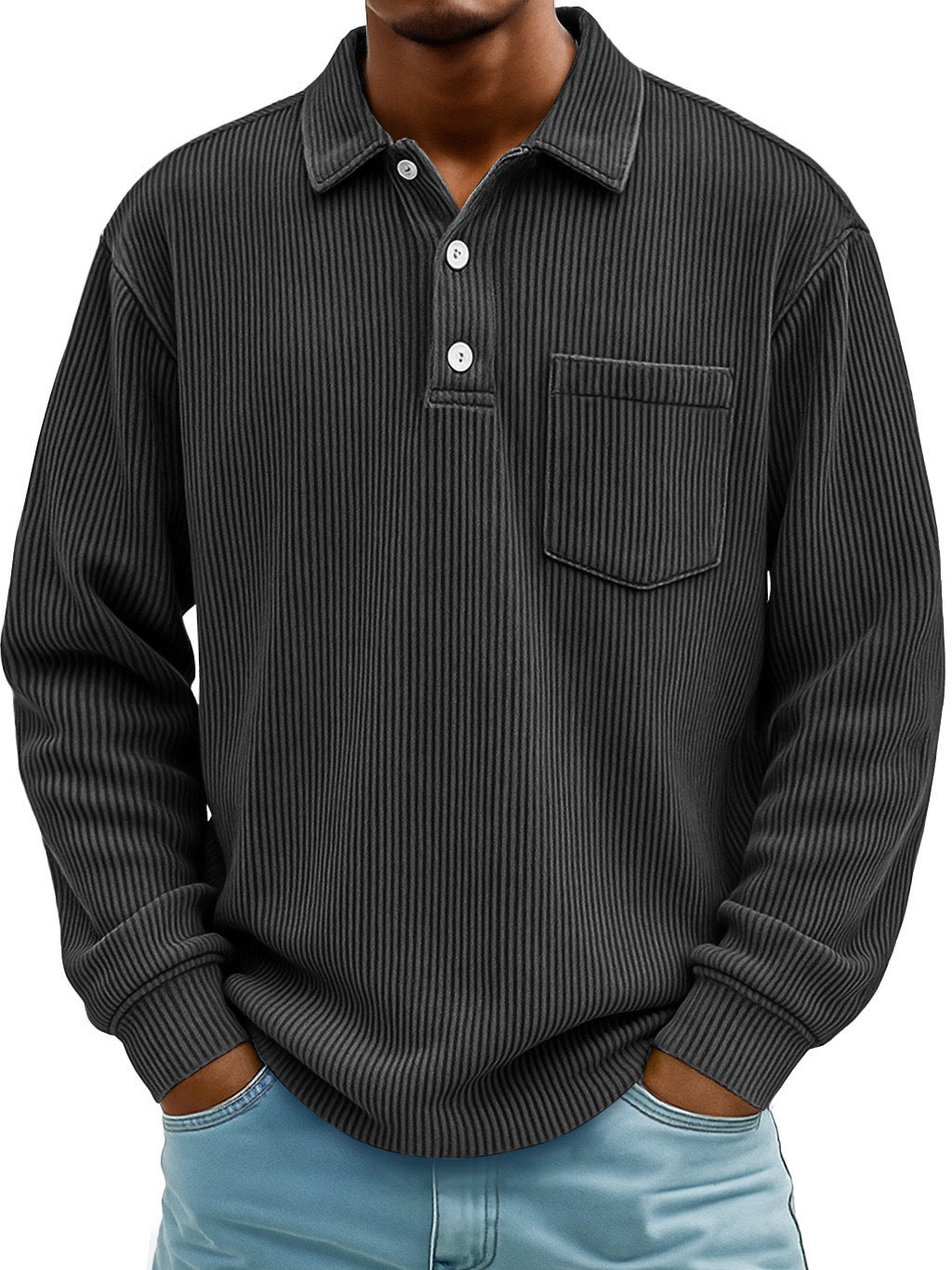 Mens Long-sleeve Polo Shirt Casual Corduroy-striped Top