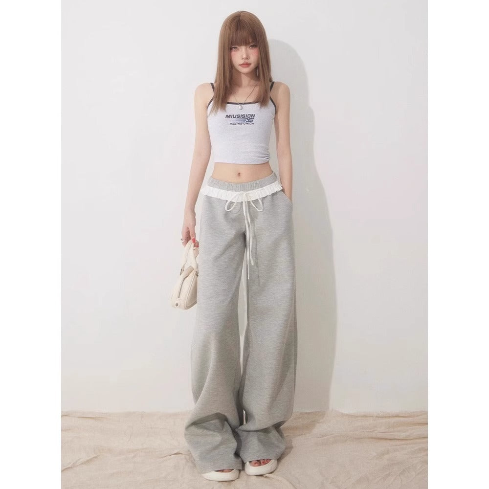 Womens High-waisted Straight-leg Pants With Lace Trim And Patchwork